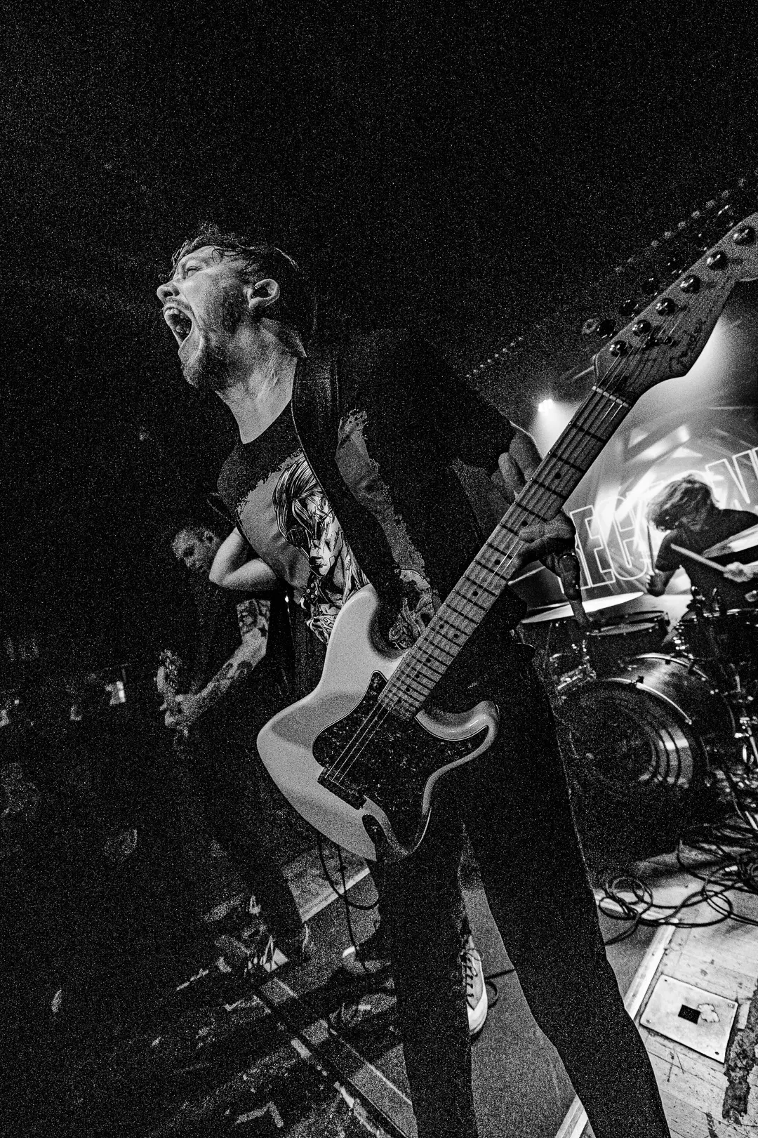 Black and white live guitar performance
